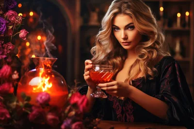 Beautiful Woman Holding A Glowing Potion In A Dark Room