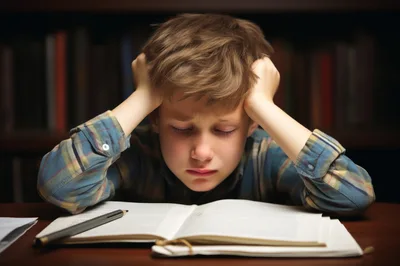 Stressed Young Boy Studying at Desk