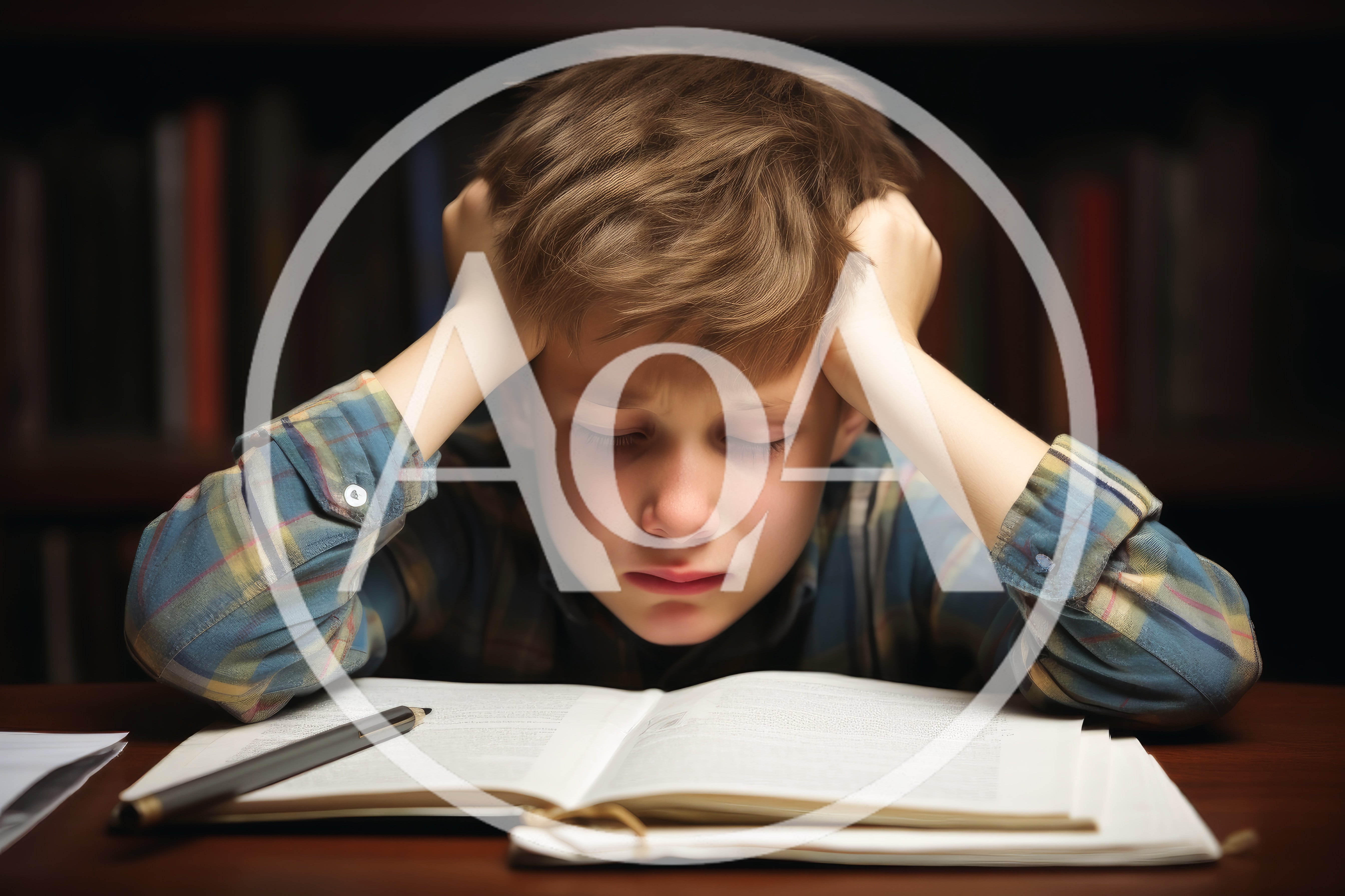 Stressed Young Boy Studying at Desk