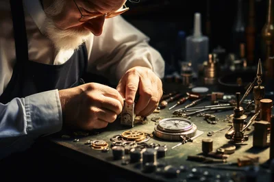 Elderly Watchmaker Repairing Intricate Mechanical Timepiece