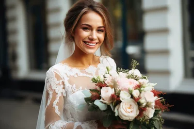 Smiling Bride Holding A Floral Wedding Bouquet