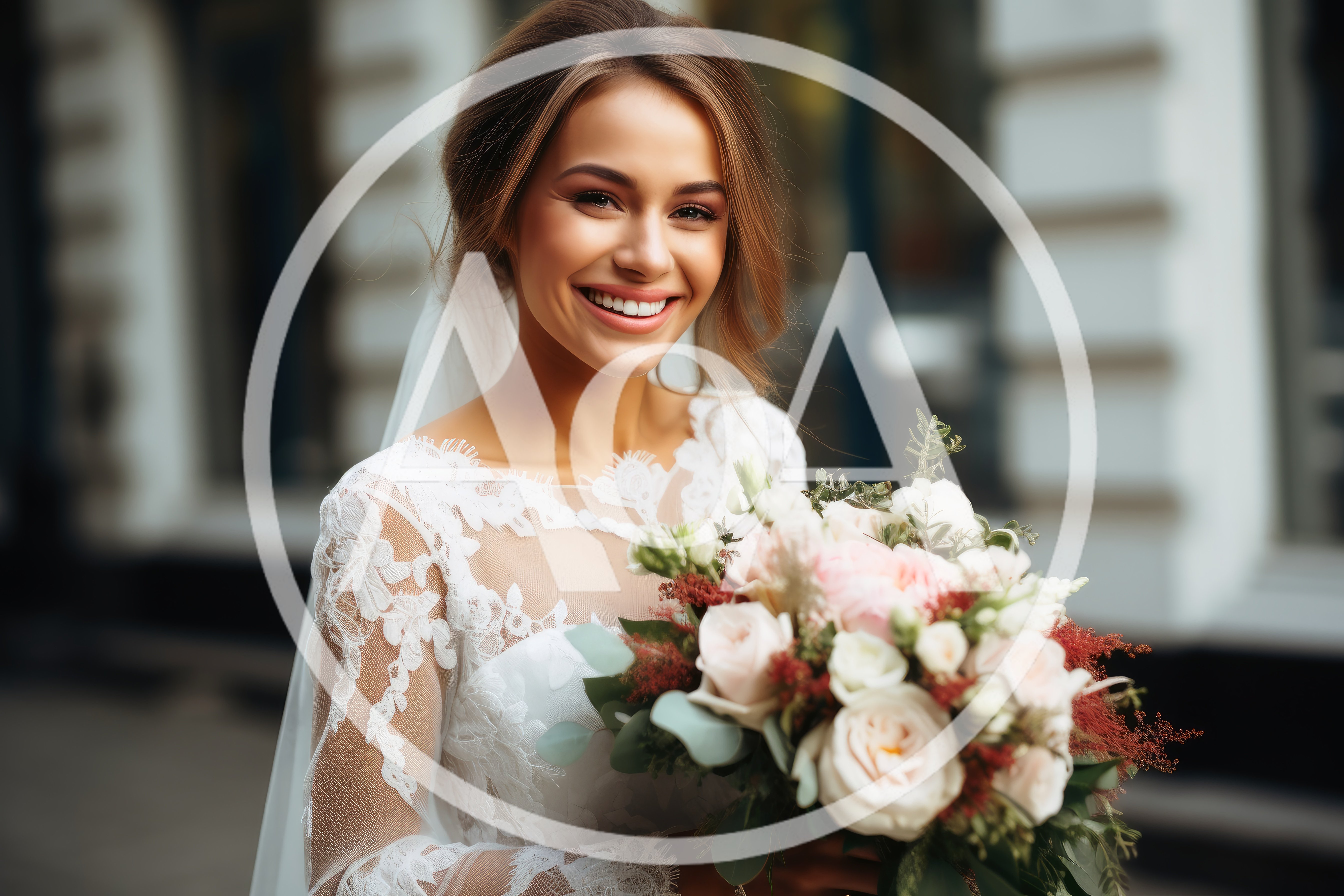 Smiling Bride Holding A Floral Wedding Bouquet