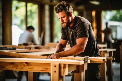Professional Carpenter Working On Wood In Workshop