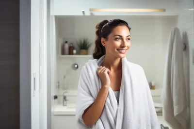 Smiling Woman Wearing White Bathrobe In Modern Bathroom