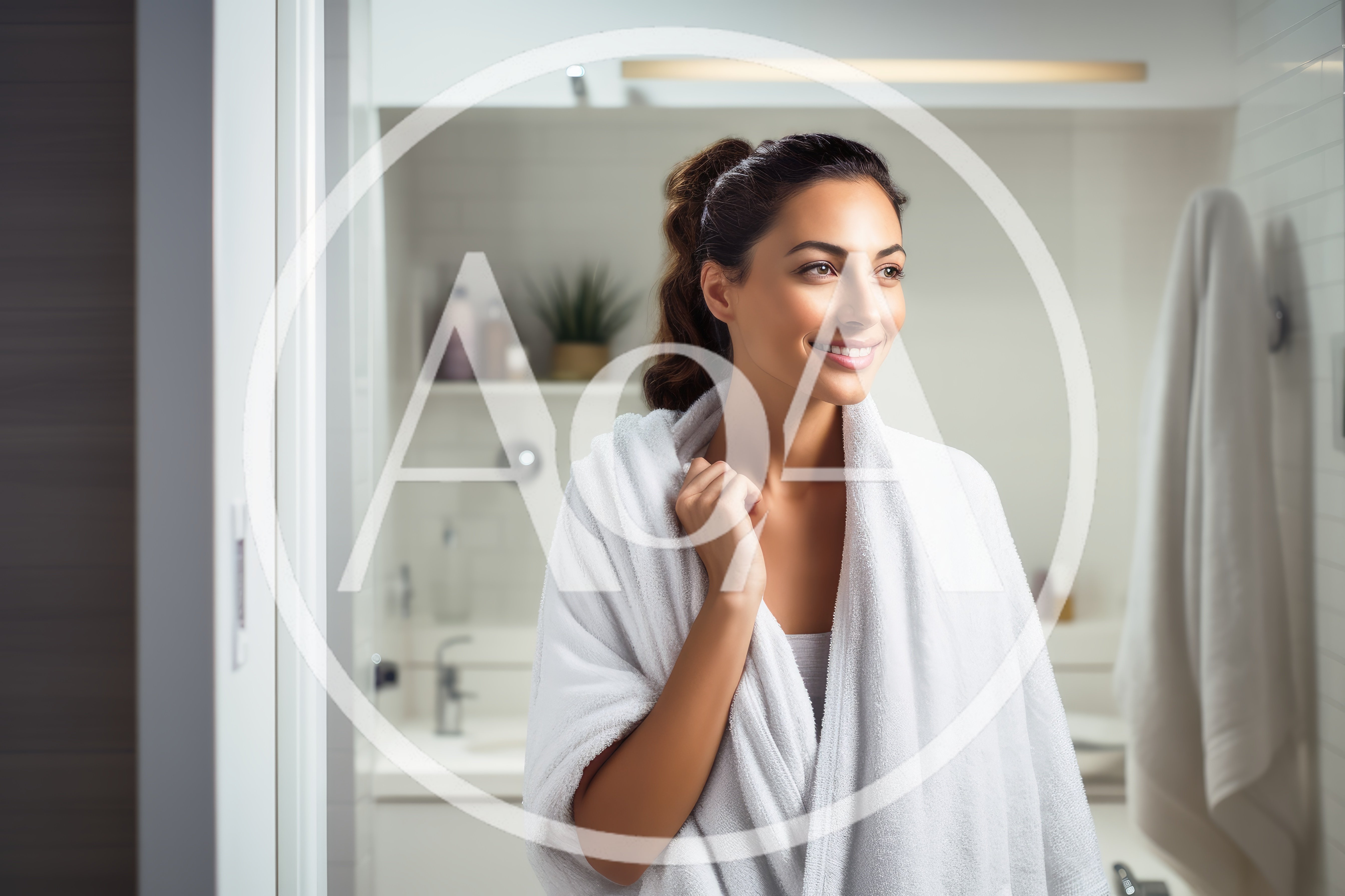 Smiling Woman Wearing White Bathrobe In Modern Bathroom