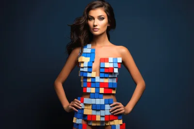 Fashion Model Wearing A Geometric Pixelated Cube Dress