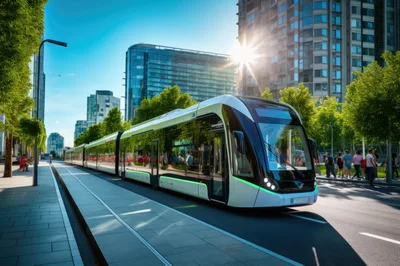 Modern Electric Tram Moving Through Urban Cityscape