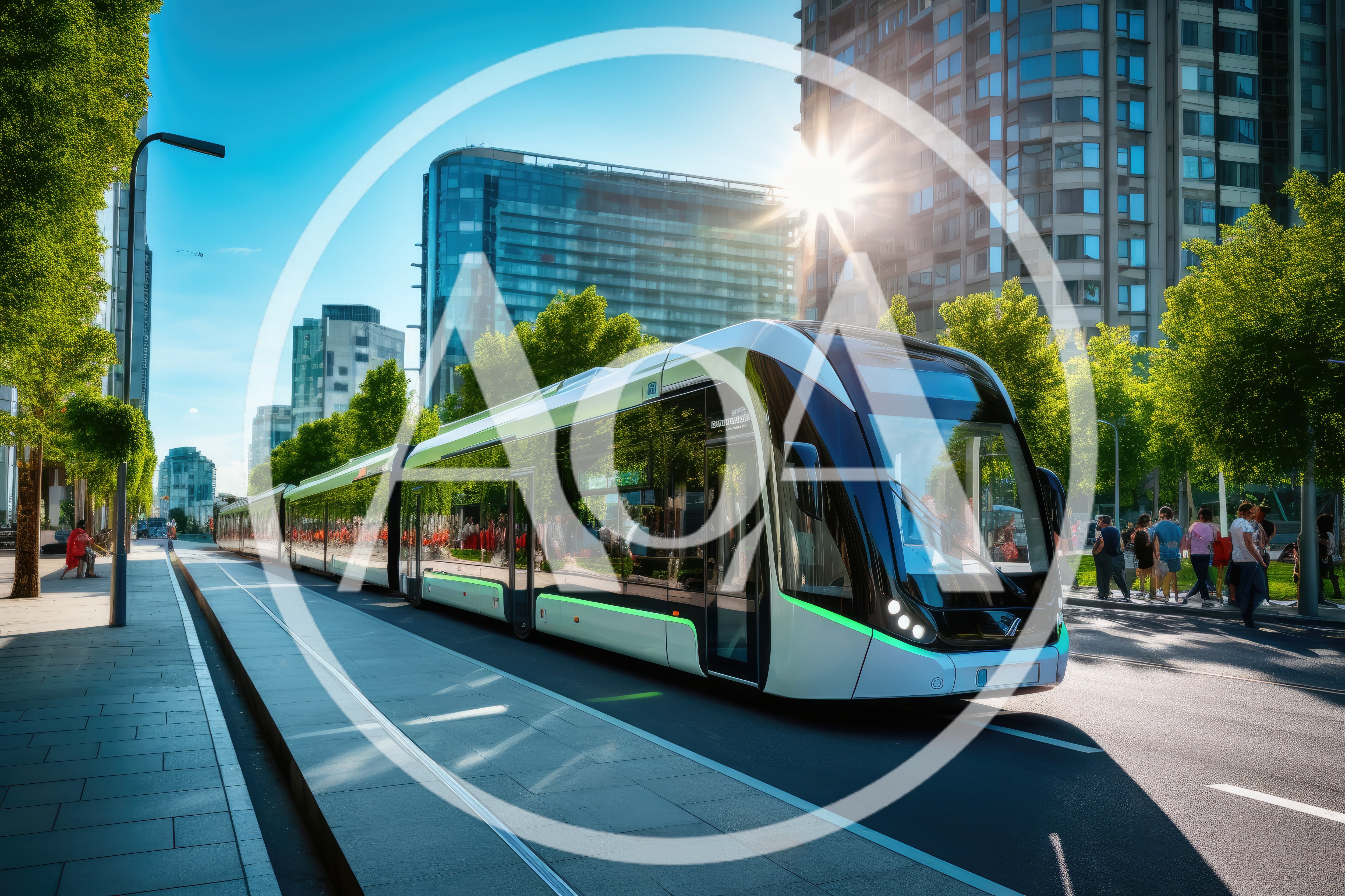 Modern Electric Tram Moving Through Urban Cityscape