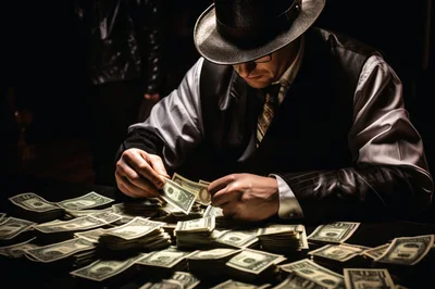 Man In Fedora Counting Stacks Of Cash