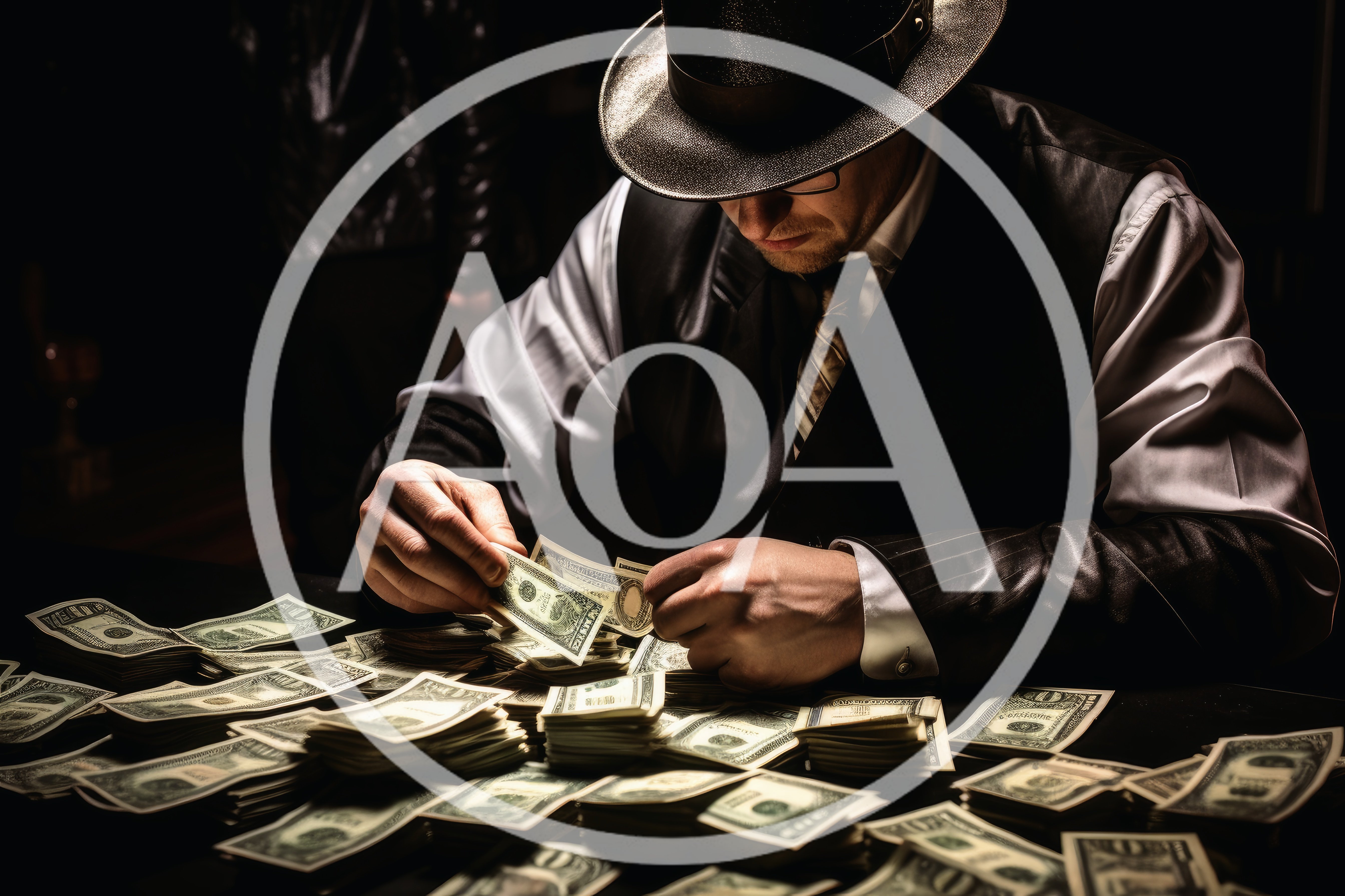 Man In Fedora Counting Stacks Of Cash