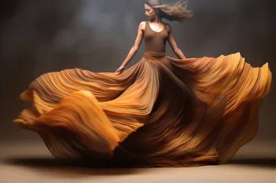 Woman In Flowing Amber Dress Dancing