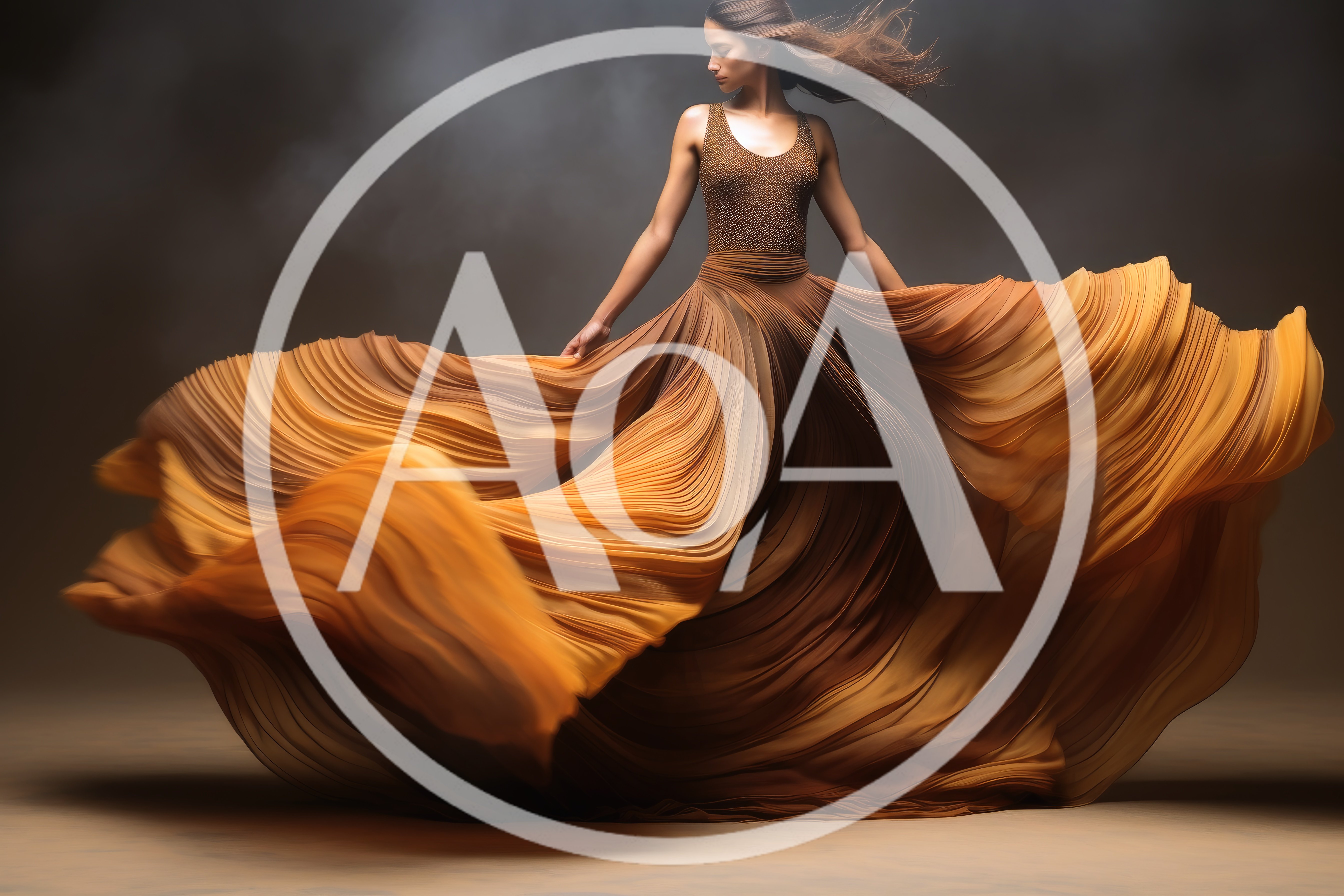 Woman In Flowing Amber Dress Dancing