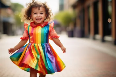 Happy Toddler Girl Twirling in Rainbow Dress