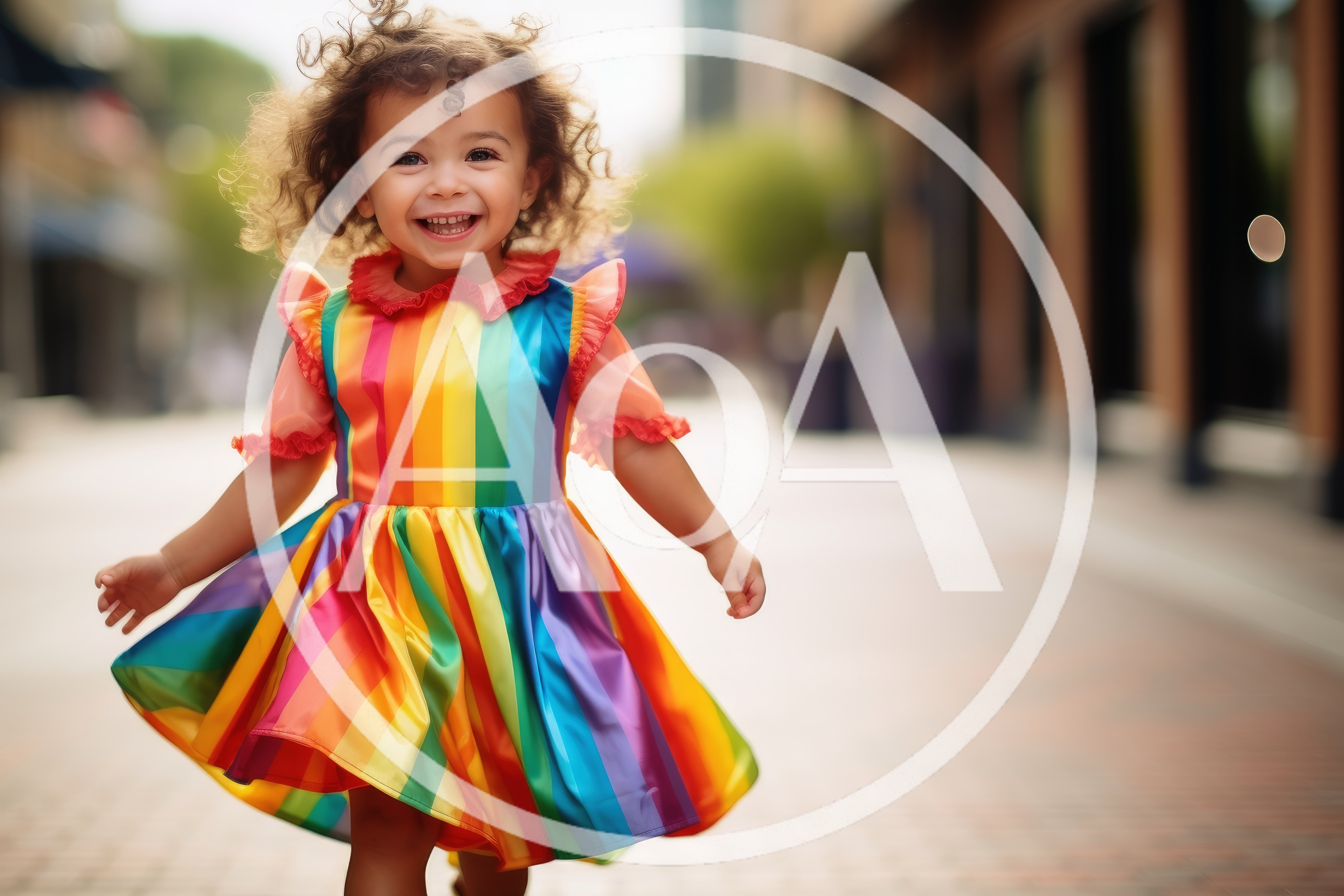 Happy Toddler Girl Twirling in Rainbow Dress