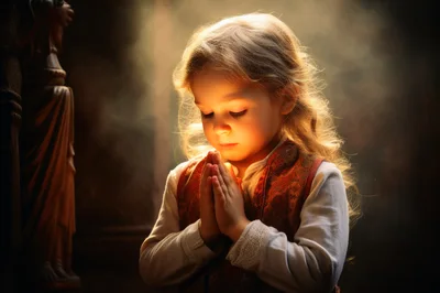 Young Child Praying With Hands Clasped In Soft Light