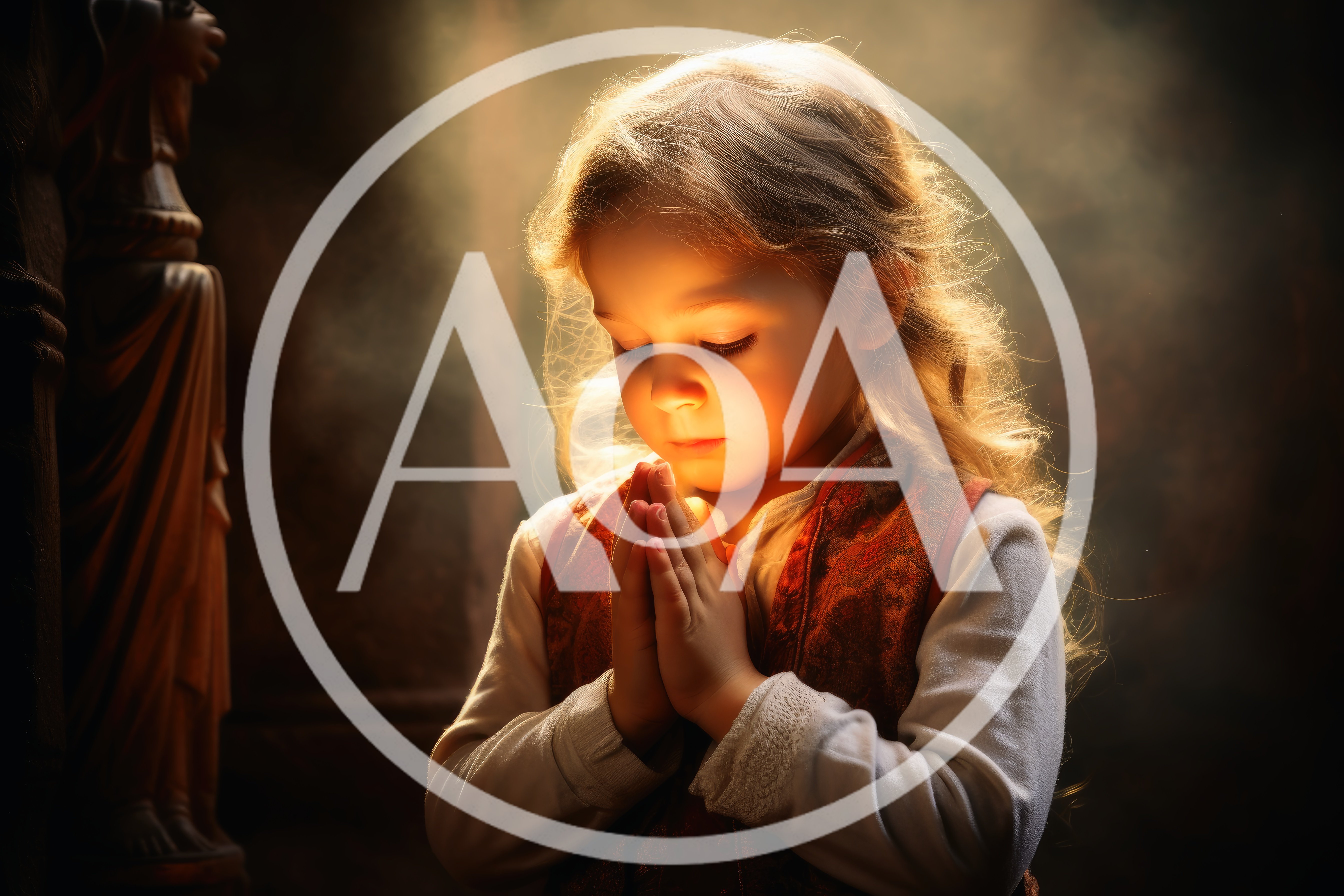 Young Child Praying With Hands Clasped In Soft Light