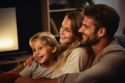 Happy Family Watching Television Together At Home