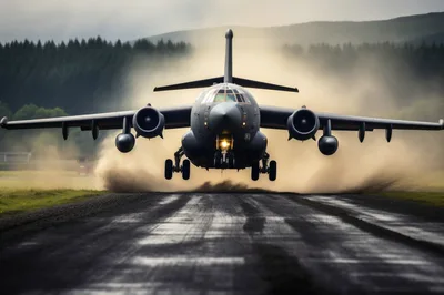 Military Transport Aircraft Taking Off From Unpaved Runway
