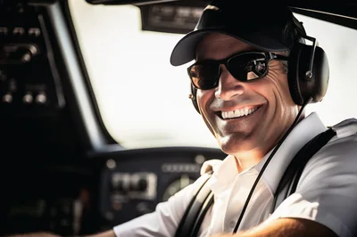 Smiling Pilot Wearing Sunglasses And Headset In Cockpit