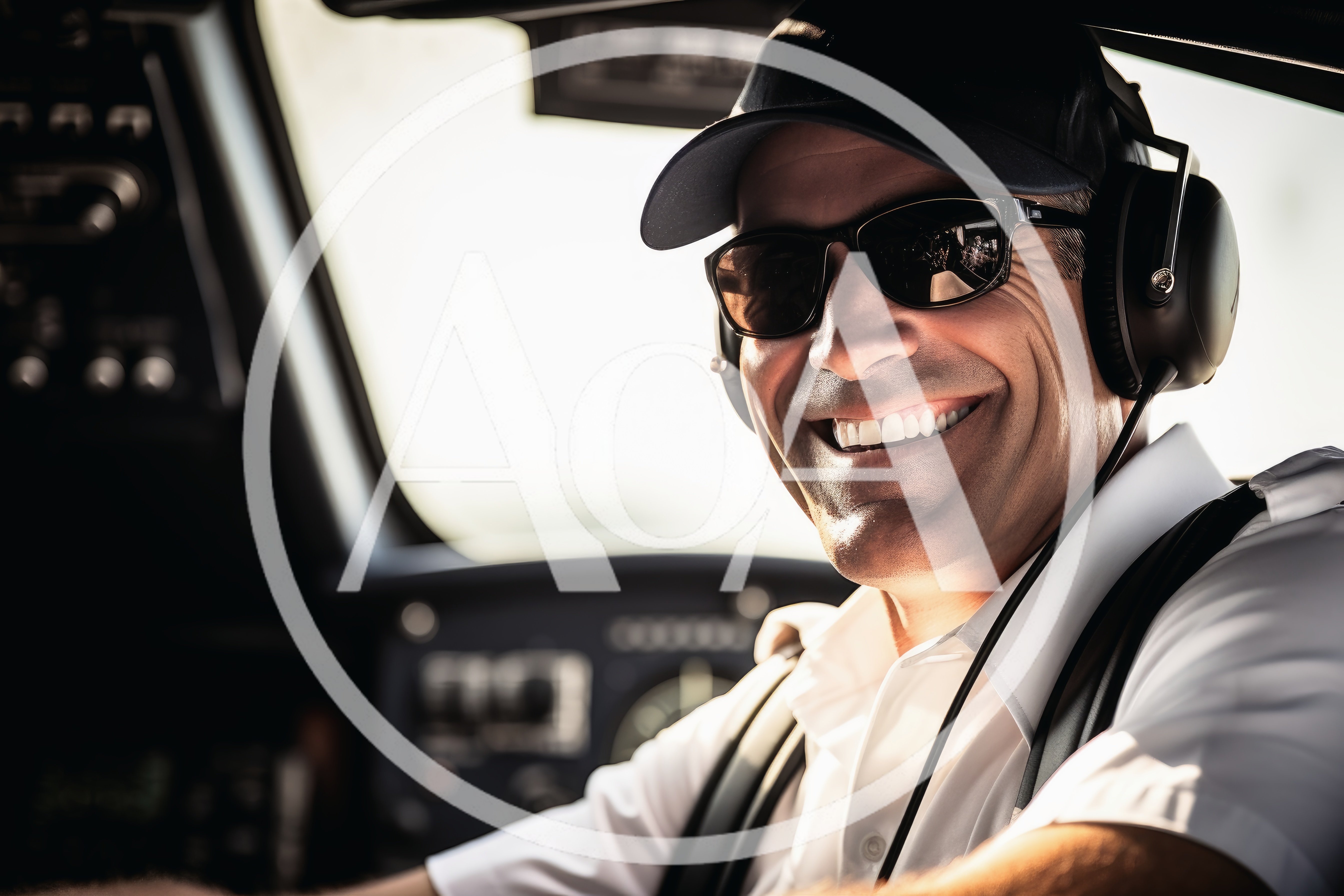 Smiling Pilot Wearing Sunglasses And Headset In Cockpit