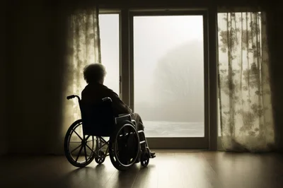 Elderly Person Sitting In Wheelchair Looking Out Window