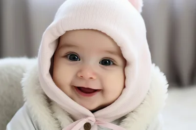 Adorable Smiling Baby Wearing A Pink Winter Bonnet