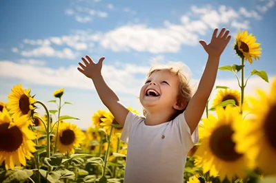 Happy Toddler With Arms Raised In Sunflower Field