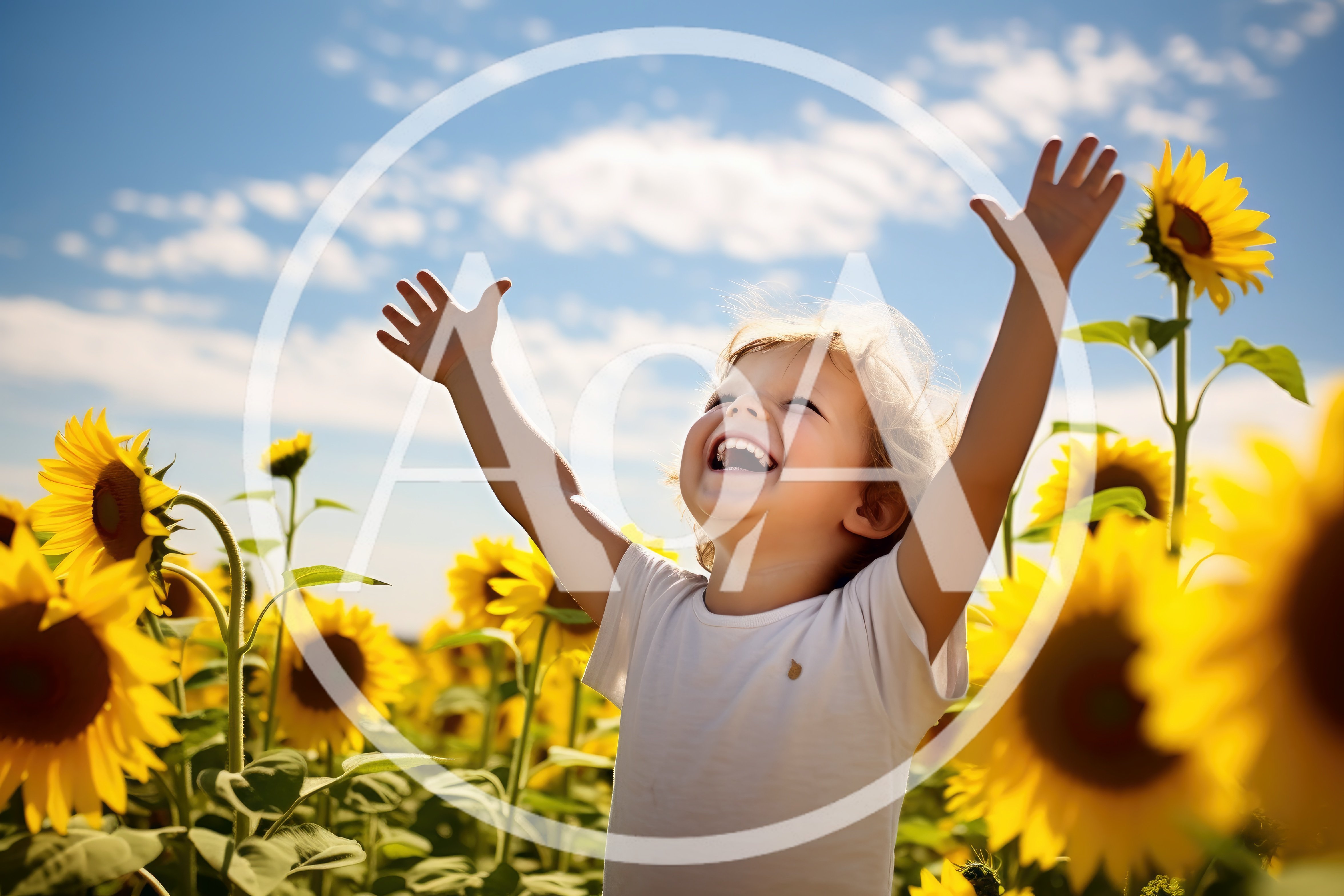Happy Toddler With Arms Raised In Sunflower Field