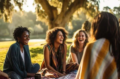 Diverse Friends Laughing Together During Outdoor Picnic