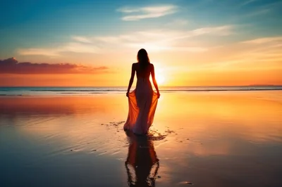 Woman In Flowing Dress Standing On Beach At Sunset