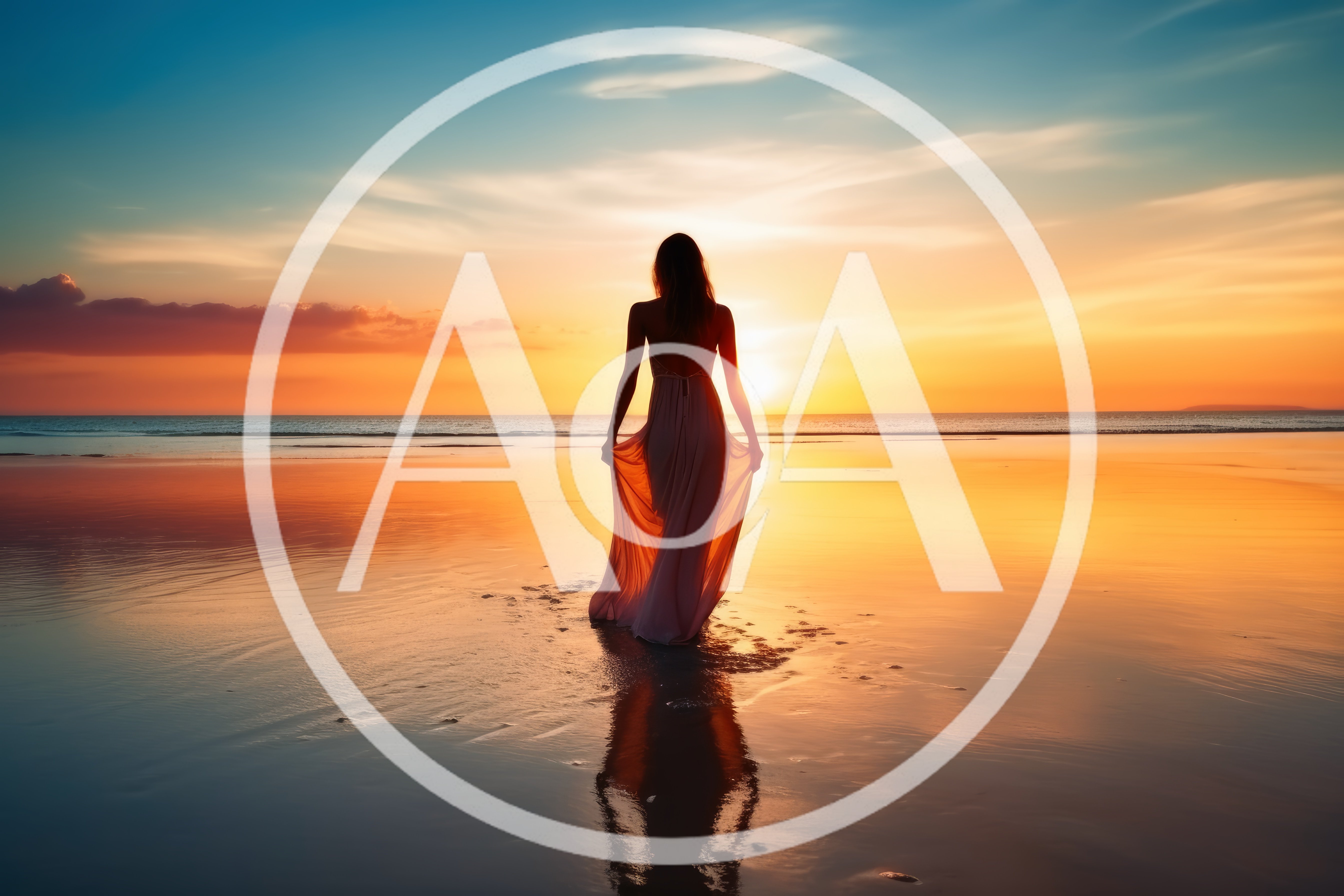 Woman In Flowing Dress Standing On Beach At Sunset