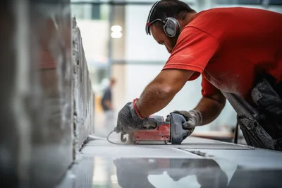 Construction Worker Cutting Concrete Slab With Power Saw