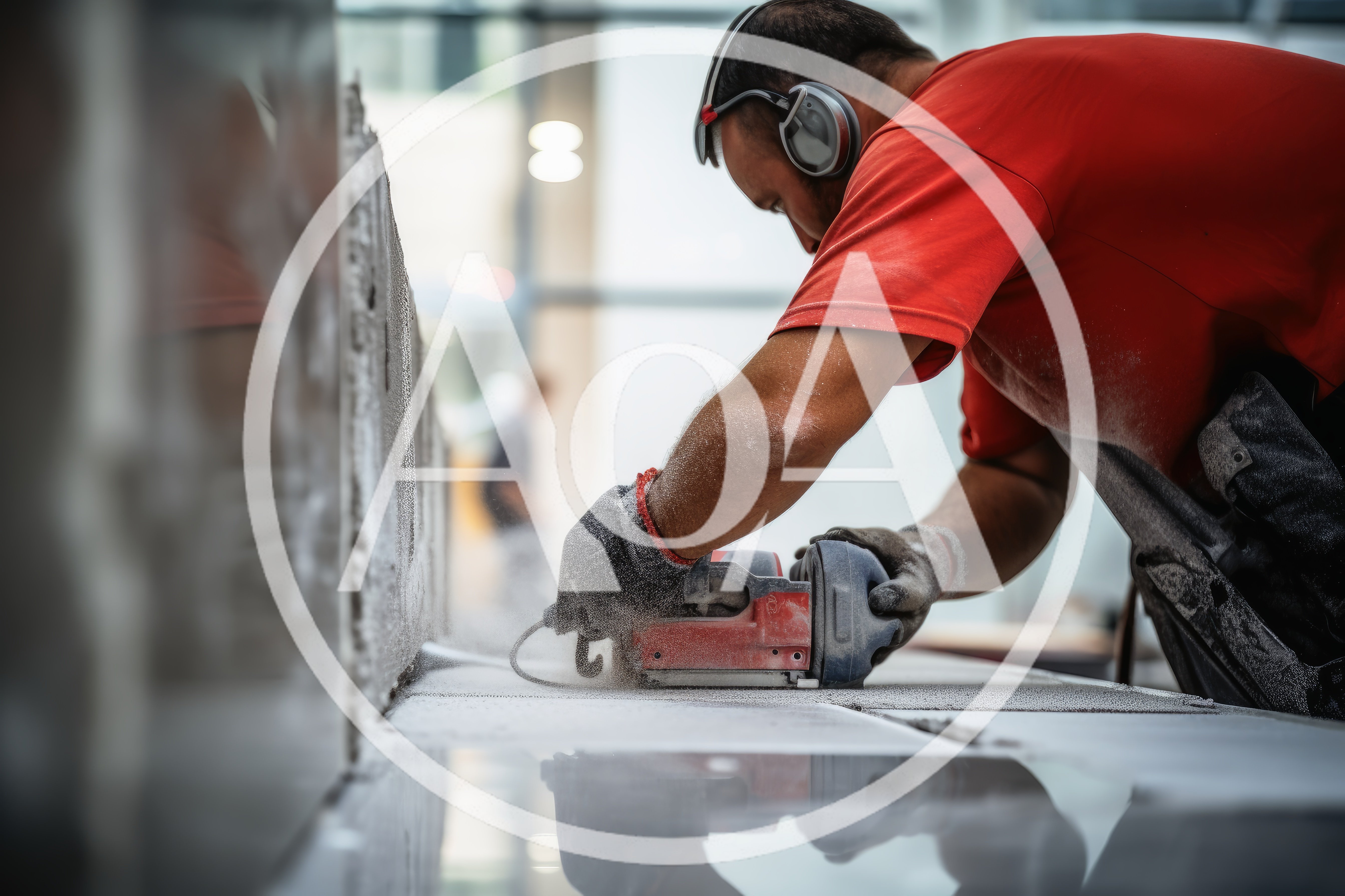 Construction Worker Cutting Concrete Slab With Power Saw