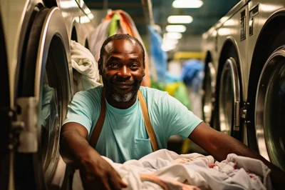 Smiling Man Working In A Commercial Laundromat
