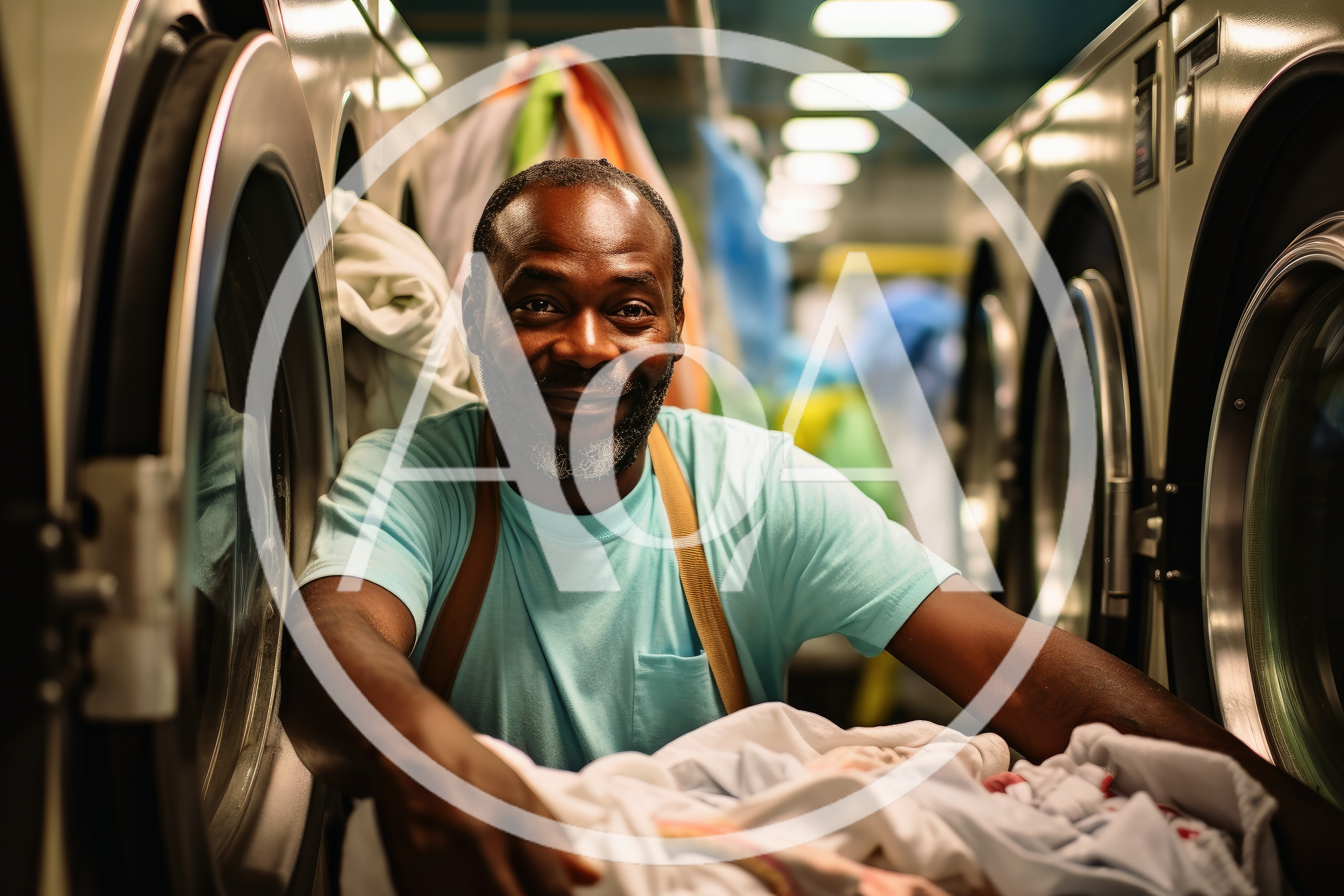 Smiling Man Working In A Commercial Laundromat