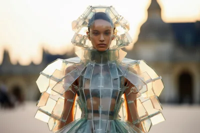 Futuristic Model Wearing Transparent Geometric Avant-Garde Fashion