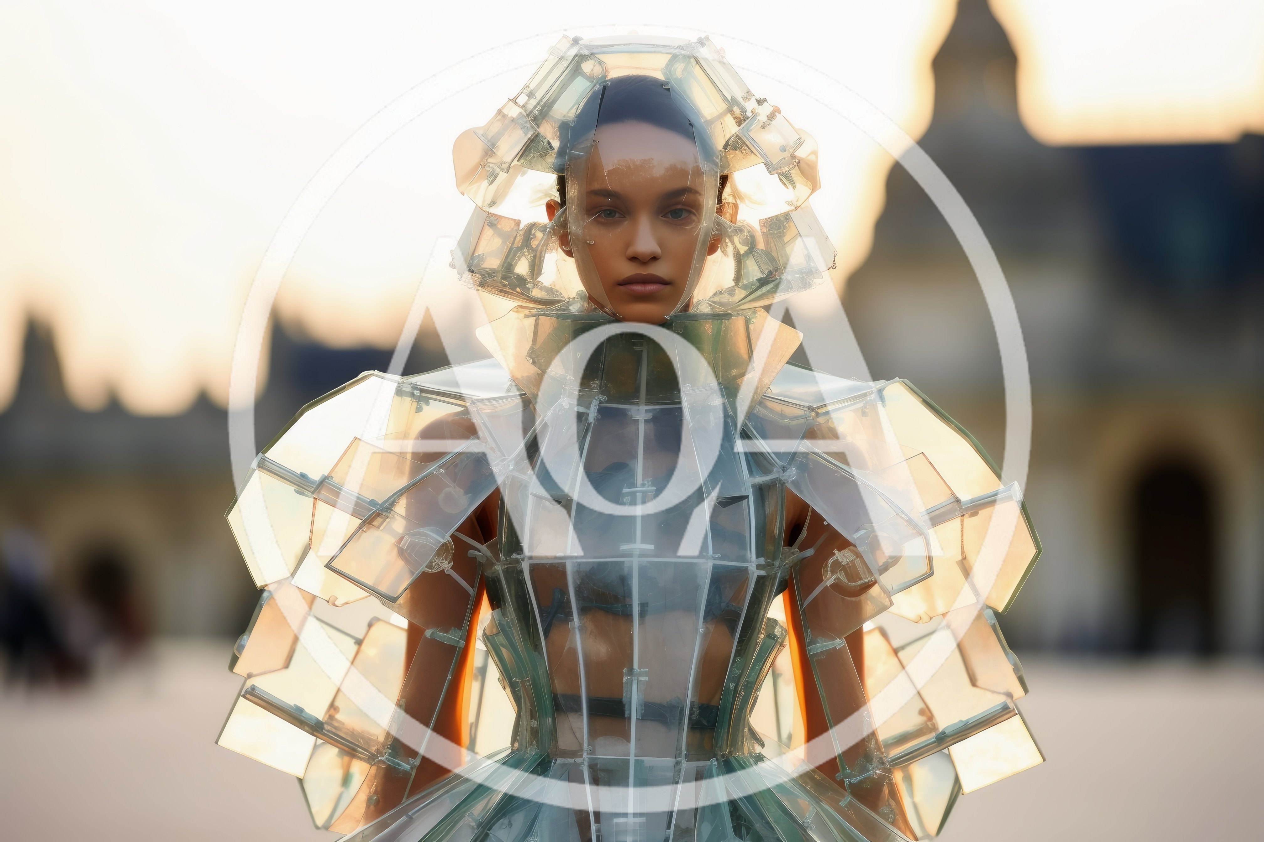 Futuristic Model Wearing Transparent Geometric Avant-Garde Fashion