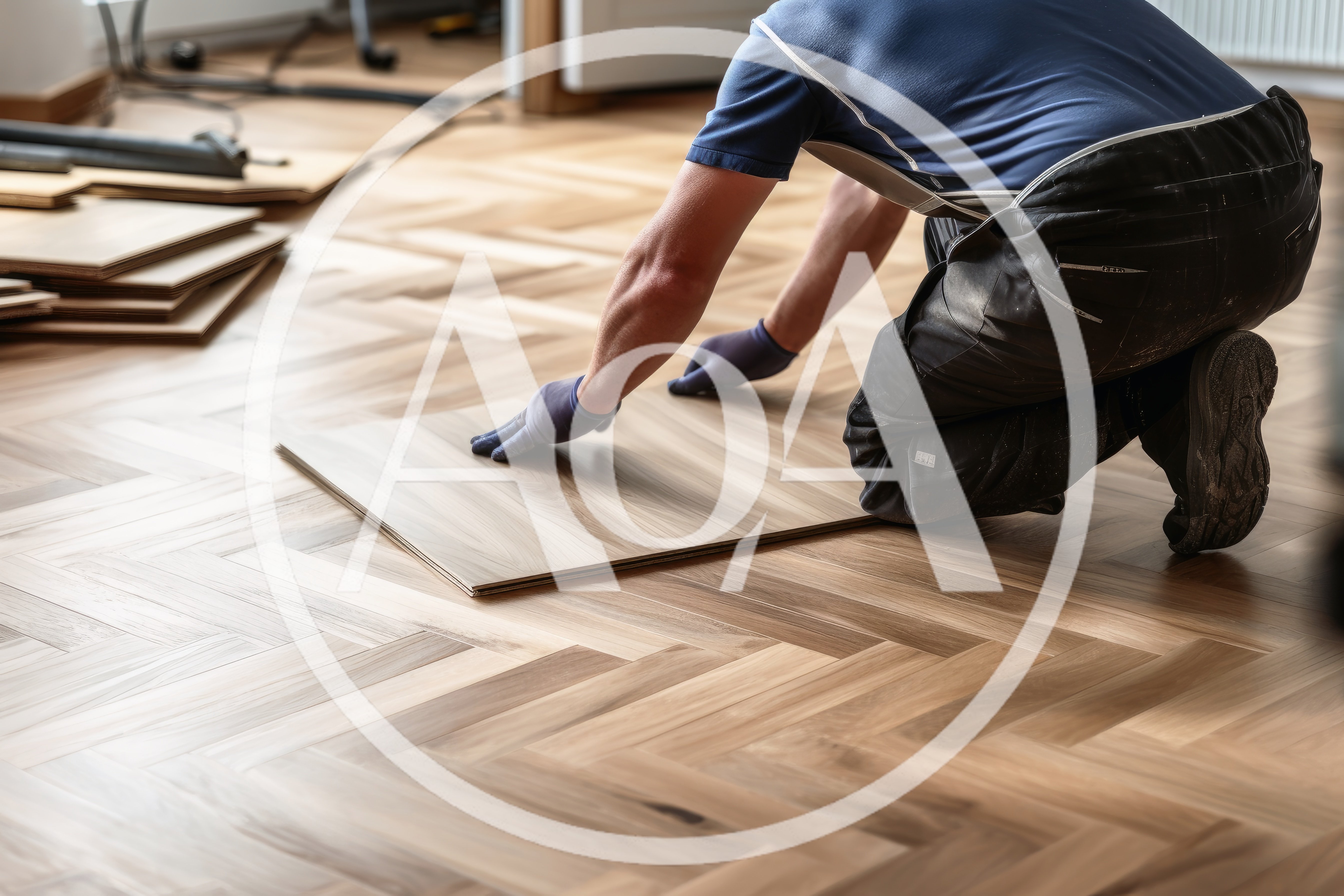 Professional Flooring Installer Laying Herringbone Wood Planks