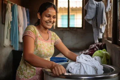 Smiling Woman Hand Washing Laundry In A Basin