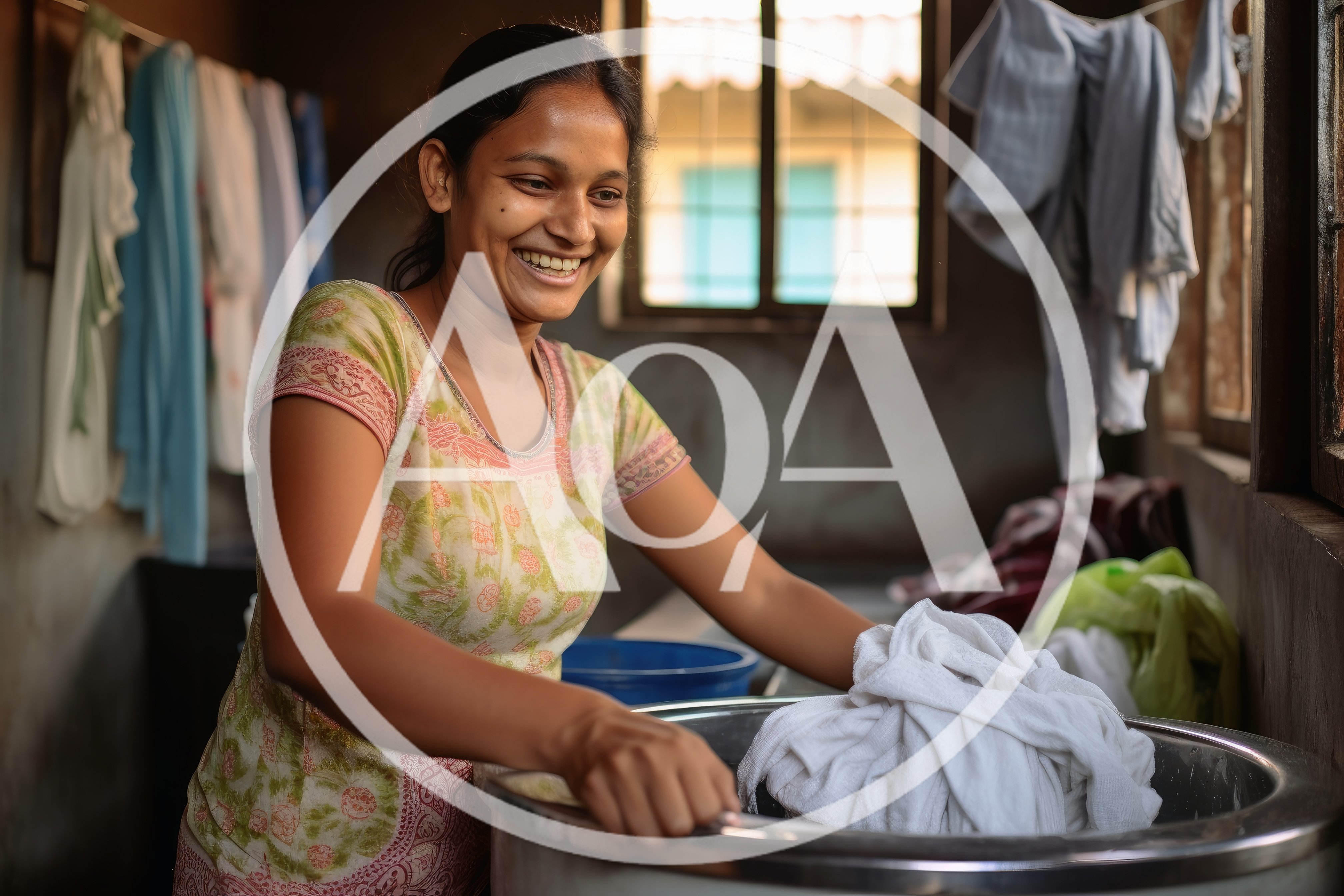 Smiling Woman Hand Washing Laundry In A Basin