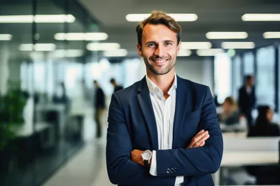 Professional Businessman Standing With Arms Crossed In Modern Office