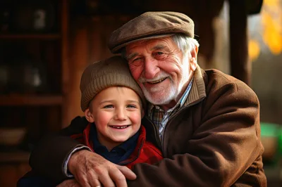 Grandfather Embracing His Young Grandson Outdoors