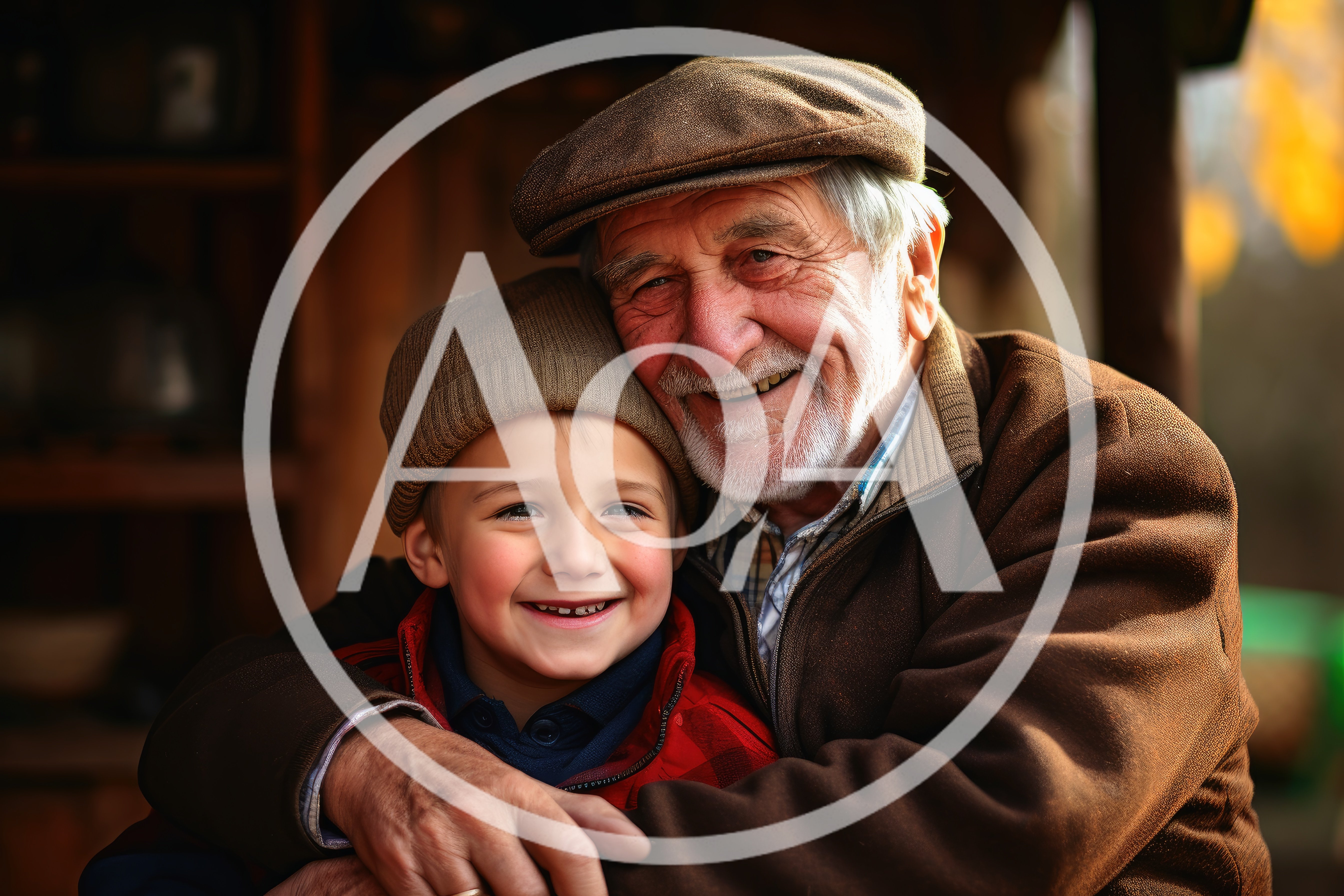 Grandfather Embracing His Young Grandson Outdoors