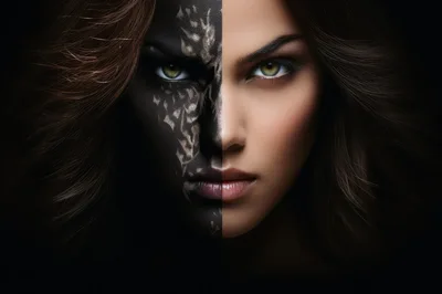 Split Face Portrait With Dark Fantasy Texture