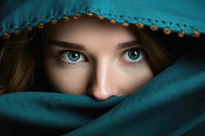 Close Up Portrait Of A Woman Wearing A Teal Headscarf
