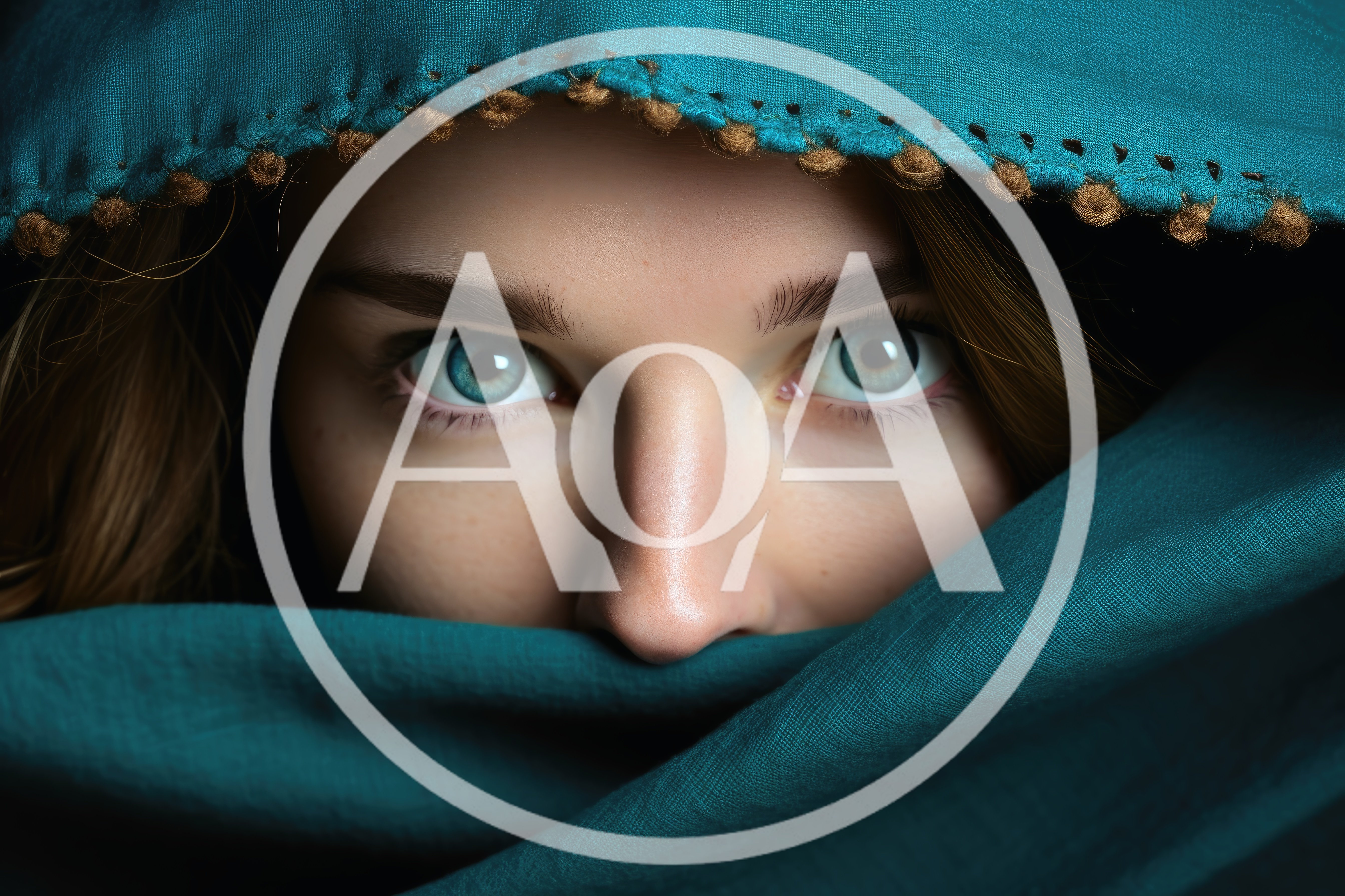 Close Up Portrait Of A Woman Wearing A Teal Headscarf