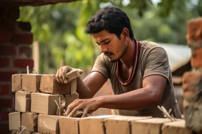 Construction Worker Laying Bricks On A Building Site