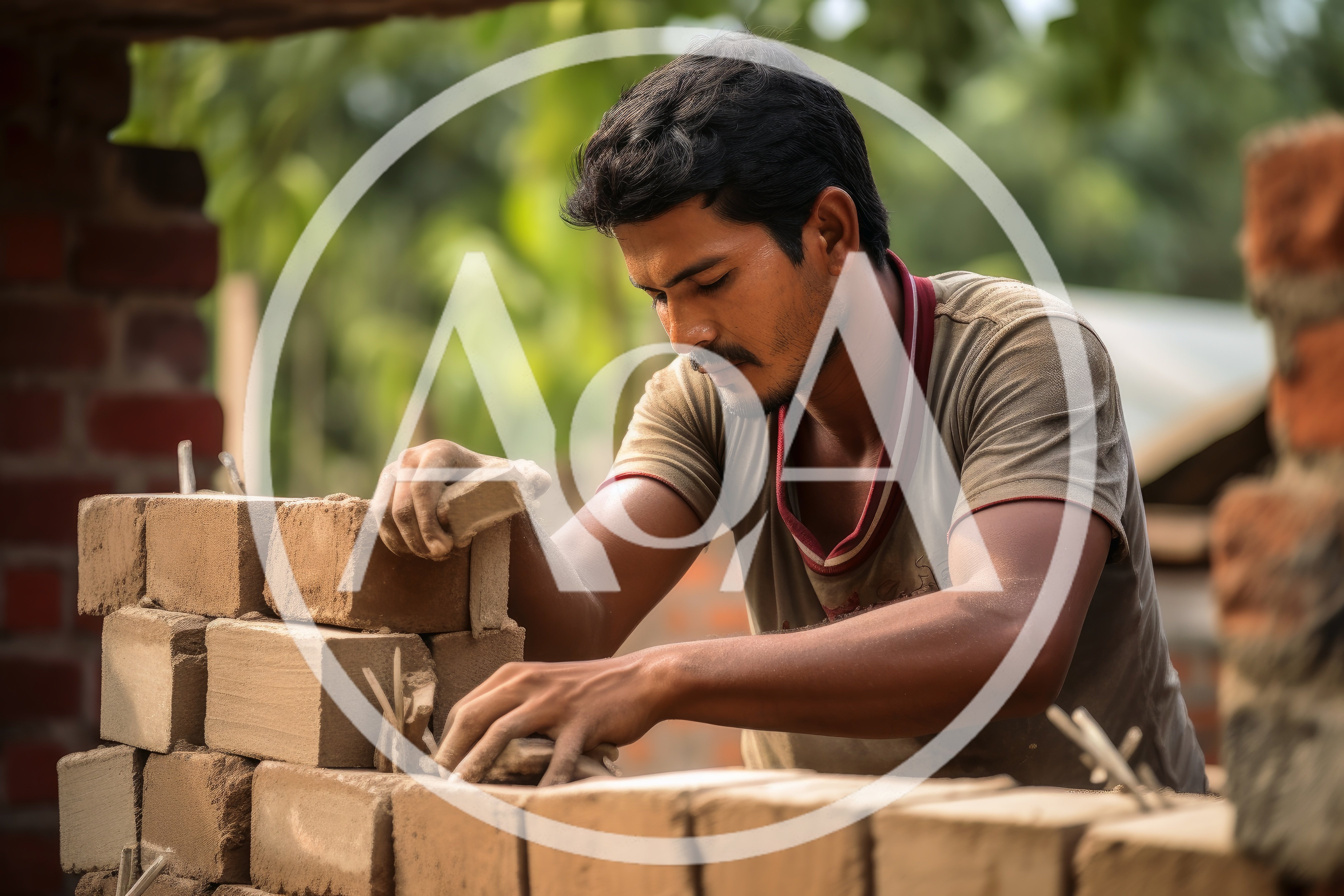 Construction Worker Laying Bricks On A Building Site