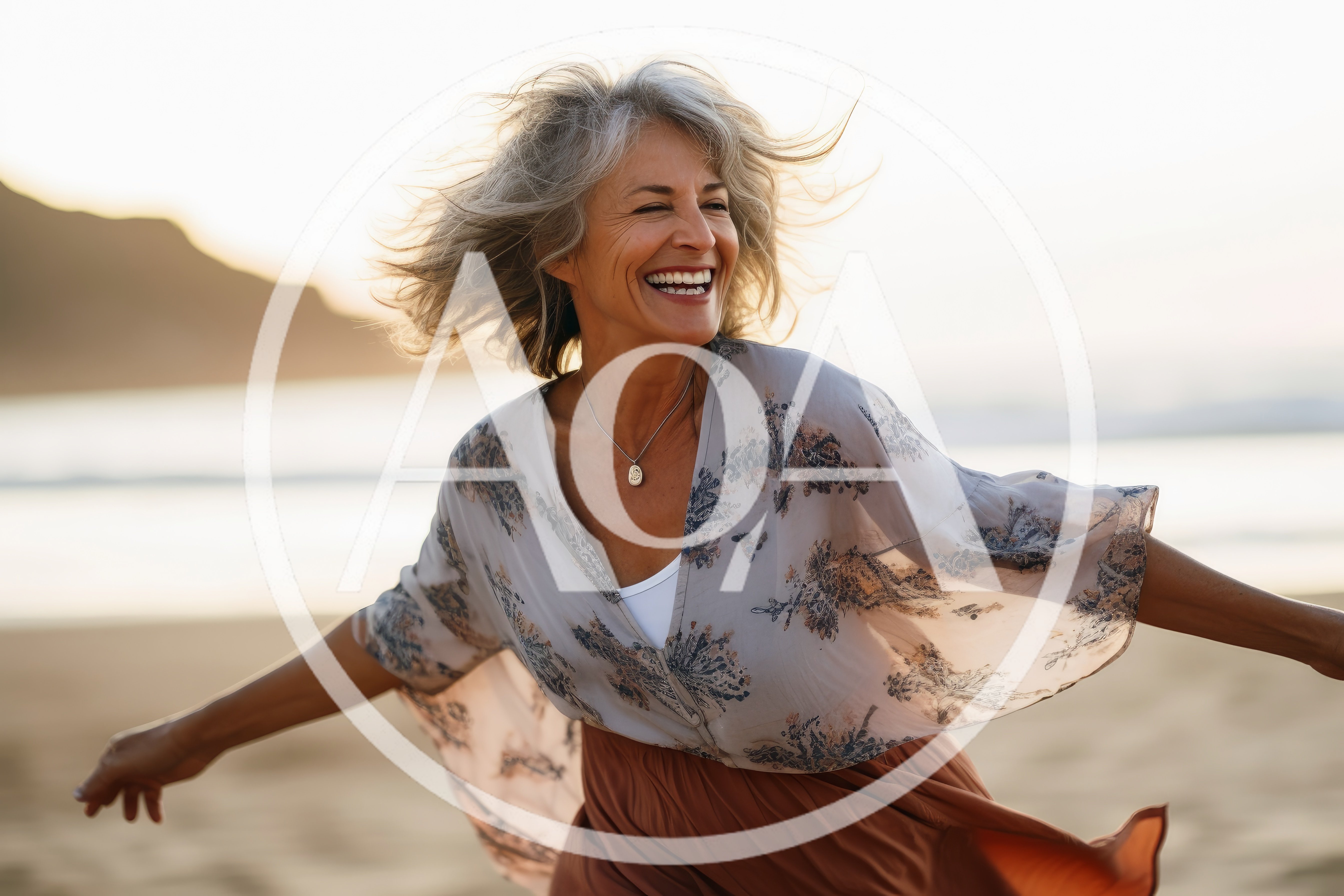 Happy Mature Woman Dancing On The Beach At Sunset