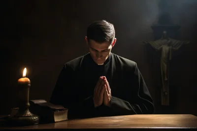 Catholic Priest Praying in Dimly Lit Church